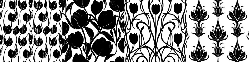 Wall Mural - A seamless contour pattern of black and pink flowers, texture, and design