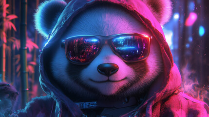 Wall Mural - Hooded Panda With Neon Sunglasses In A Cyberpunk Nighttime Bamboo Forest