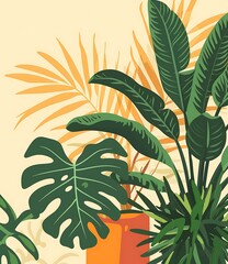 Sticker - Tropical Plants Illustration With Orange Pot