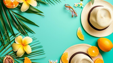 Poster - Summer Vacation Background with Palm Leaves and Tropical Fruits