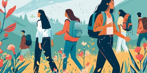 Sticker - Group of Friends Hiking in the Mountains Illustration