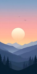 Sticker - Mountain Landscape with Sunset and Birds