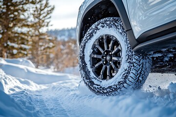 close up of car with winter tires, safety on snow roads, importance of winter vehicle maintenance for cold weather, driving in snowfall