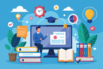 a person engages in an online lecture within a digital classroom environment filled with books and l
