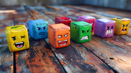 concept of Different emotions drawn on colorful cubes, wooden background