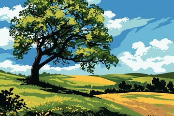 Canvas Print - Summer Landscape Illustration With Green Tree