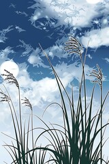 Wall Mural - Silhouettes of Tall Grass Against a Cloudy Blue Sky