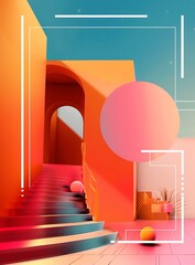 Wall Mural - Abstract Stairs with Orange and Pink Walls