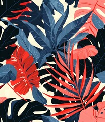 Wall Mural - Tropical Leaves Seamless Pattern with Blue and Red Colors