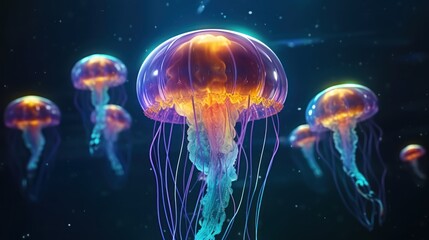 Wall Mural - Vibrant Jellyfish in Deep Blue