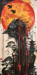 Wall Mural - A dark crow flies in front of a red moon.