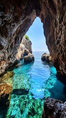 Canvas Print - Sea Cave with Crystal Clear Water and a View of the Ocean