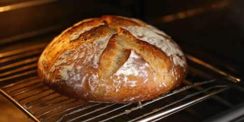 A beautifully golden brown loaf of artisan bread is baking to perfection in the warm oven