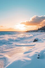 Wall Mural - Snowy Beach at Sunset with Golden Hour Sky