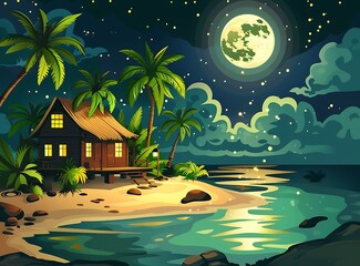 Canvas Print - Tropical Beach Hut Nighttime Illustration