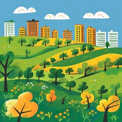 Sticker - Green Hills With City Skyline Illustration