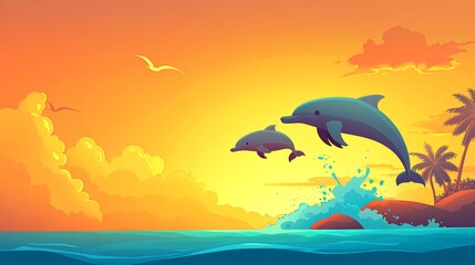 Wall Mural - Two dolphins leap out of the water at sunset, with palm trees on a small island in the background.