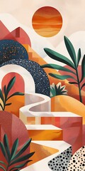 Poster - Abstract Landscape With Sun and Plants Illustration