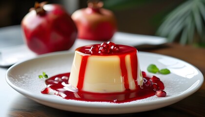 Decadent Pomegranate Cream Pudding with Rich Sauce in a Contemporary Close-Up Presentation