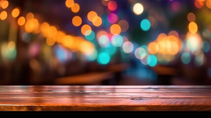 Canvas Print - Wooden Table With Blurred Festive Lights