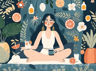 Wall Mural - Woman Relaxing in a Tropical Garden Illustration