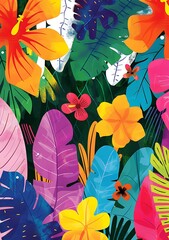 Wall Mural - Tropical Floral Pattern with Colorful Leaves