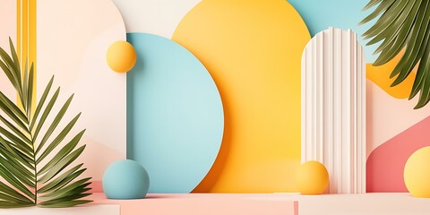 Wall Mural - Abstract Summer Background with Palm Leaves and Colorful Shapes