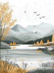 Canvas Print - Minimalist Watercolor Painting of Mountain Lake Landscape