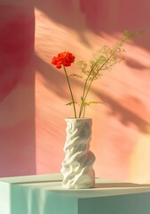 Wall Mural - Orange Flower in White Vase with Pink Background