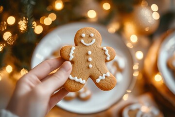 Merry Christmas! Hand holding gingerbread man cookie with icing on background of cookies in plate on table against christmas tree golden lights. with generative ai