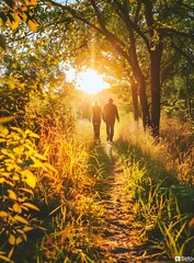 Canvas Print - Couple Walking Through Forest Path At Sunset