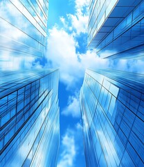 Wall Mural - Blue Sky View Looking Up at Modern Skyscrapers