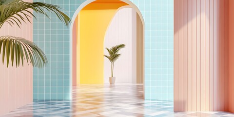 Sticker - Minimalist Archway Interior Design With Pastel Colors and Palm Trees