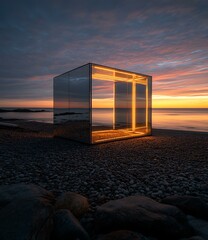 Poster - Minimalist Glass Cube Structure on Beach at Sunset