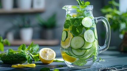 A pitcher of cucumber water with lemon slices and mint leaves generative AI