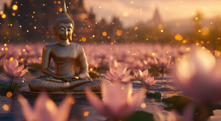 Golden Buddha statue with glowing lotus flowers and colorful halo chakra, nature background