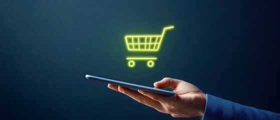 shopping cart icon emerging from a digital tablet. Smart Cart Management and Online Shopping,Virtual Shopping and Payment Processing on E-Commerce Platform, Digital Retail Store and Checkout.