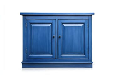 Classic blue wooden cabinet with two doors, isolated on a white background.