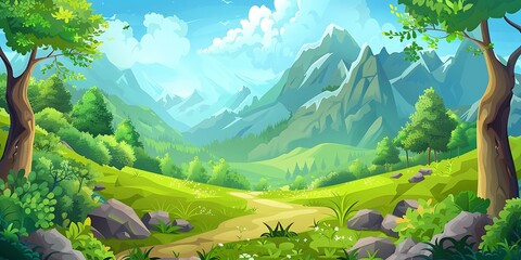 Wall Mural - Mountainous Landscape With Path Through Forest