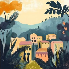 Wall Mural - Beautiful Landscape Illustration with Colorful Houses and Lush Greenery