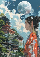 Poster - Woman in Kimono Looking at the Moon Over Japanese Architecture