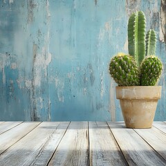 Canvas Print - Cactus Plant on Wooden Table With Blue Background