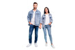 © deagreez - Full length photo of cute people smiling wearing denim jeans jackets isolated over blue background