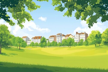 Sticker - Green Grass Field With Houses In The Background