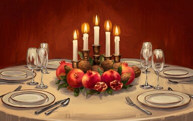 Festive table setting with candles, pomegranates, and walnuts.