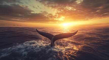 Wall Mural - whale tail breaching the surface of the ocean at sunset.