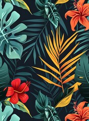 Sticker - Tropical Leaves and Flowers Seamless Pattern Illustration