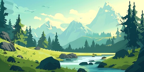 Wall Mural - Mountain Landscape With Forest River And Sky