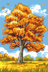 Sticker - Autumn Landscape with Tree and Falling Leaves