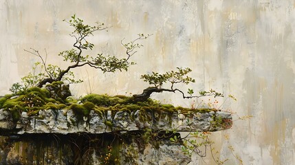 Canvas Print - Green Bonsai Tree Growing On A Stone Wall